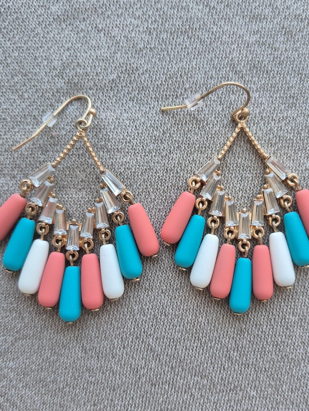 Gold Teardrop Earrings with Pink, Turquoise & White Beads